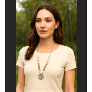 J. Jill Beaded Necklace Nature’s Palette Etched Pendant Agate Lava Stone Crystal